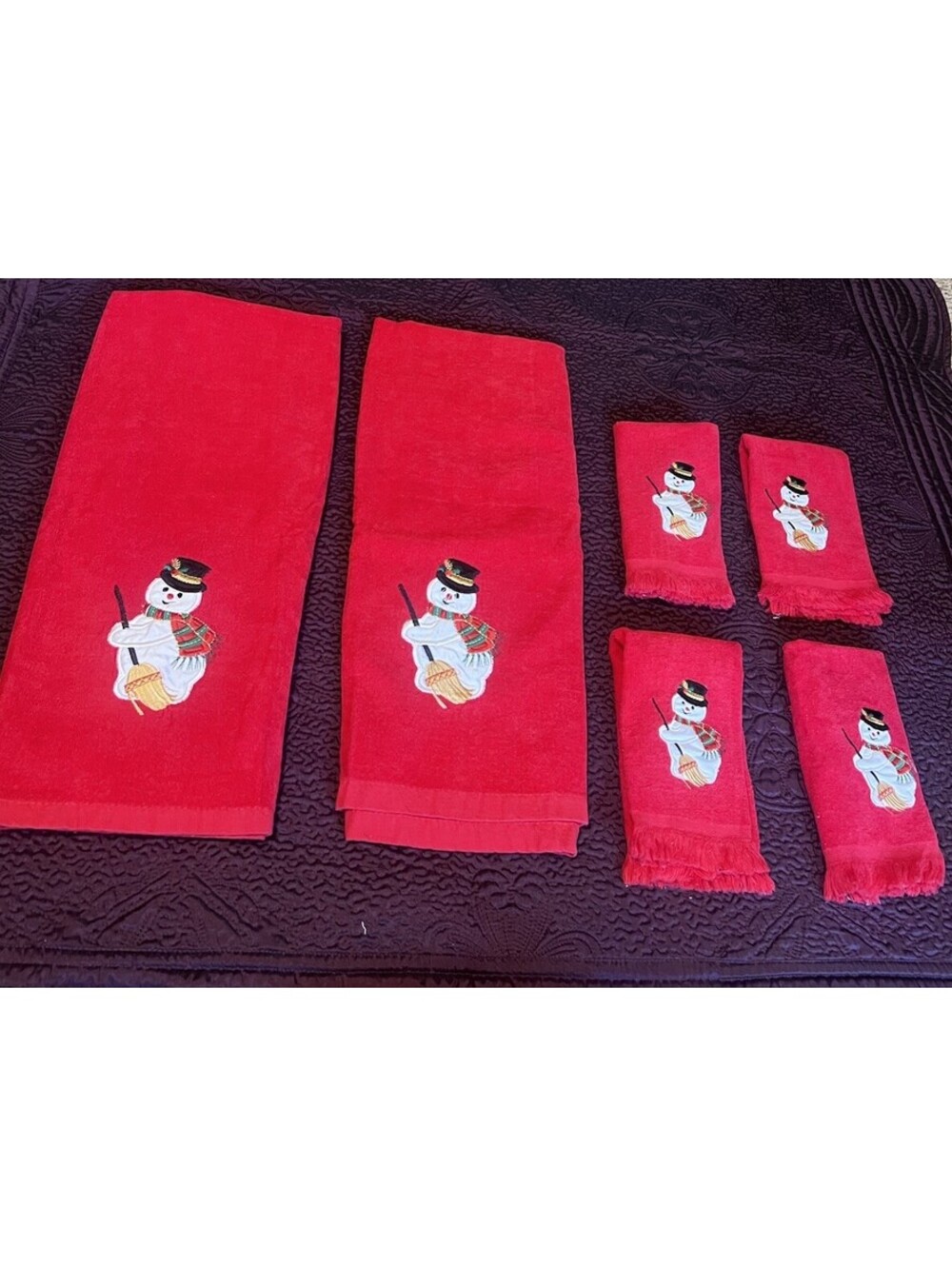 Vintage Christmas Snowman Bath Towel Set 6 Pc Red Appliqué Holiday Decor EUC